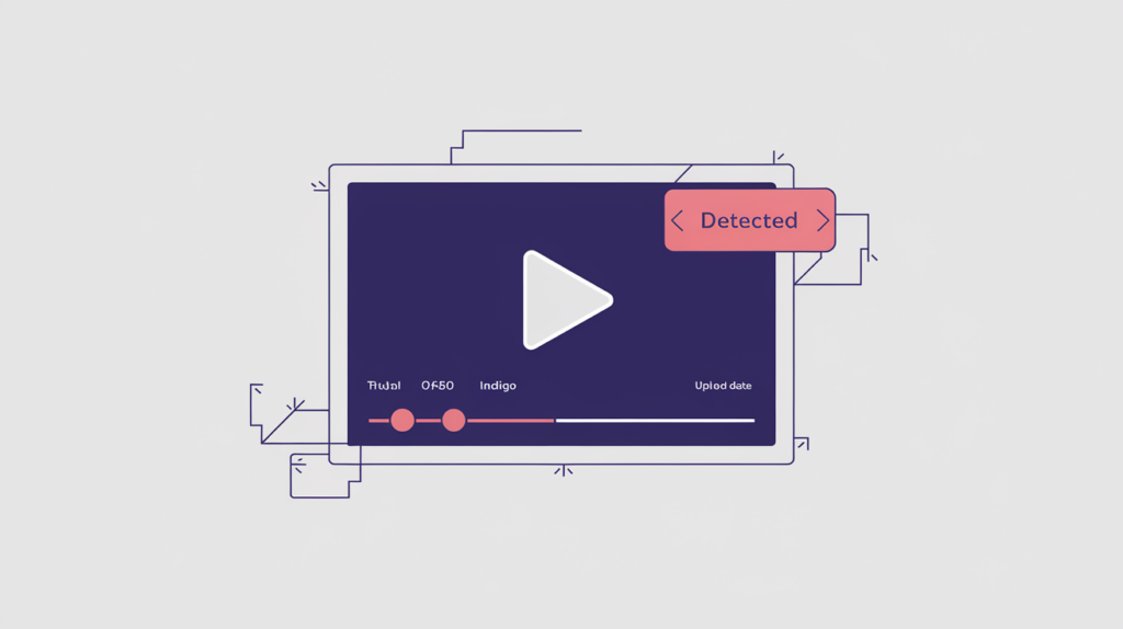 Abstract illustration of a video player frame tagged with structured-data metadata slots, in RankGear indigo and coral.