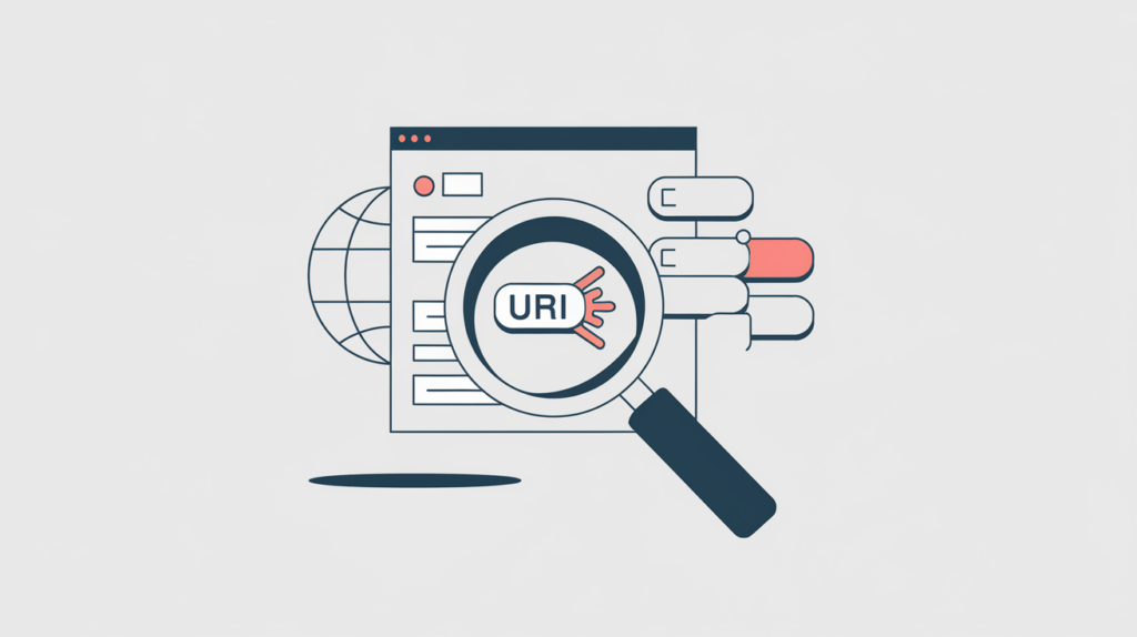 Abstract illustration of a schema type URI detected on a website entity node, in RankGear indigo and coral.
