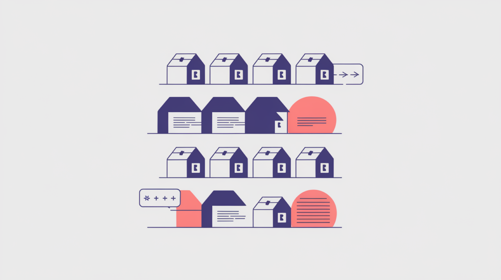 Abstract illustration of counted Product schema signatures across a grid of tagged product boxes, in RankGear indigo and coral.