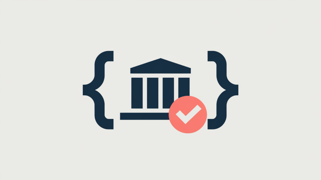 Abstract illustration of a lodging entity inside JSON-LD brackets with a presence checkmark, in RankGear indigo and coral.