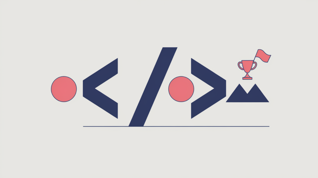 Abstract illustration of a JSON-LD AchieveAction achievement marker with a binary presence toggle, in RankGear indigo and coral.