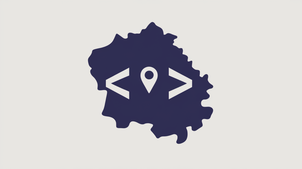Abstract illustration of a geographic administrative region outlined inside code brackets, in RankGear indigo and coral.