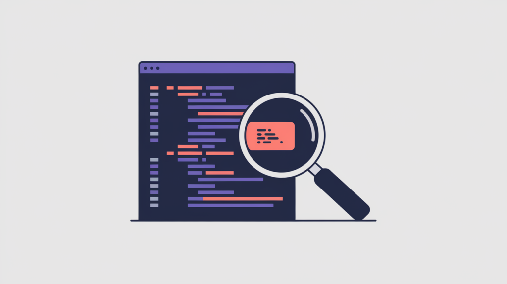 Abstract illustration of a magnifier detecting a single JSON-LD schema type tag in a code block, in RankGear indigo and coral.