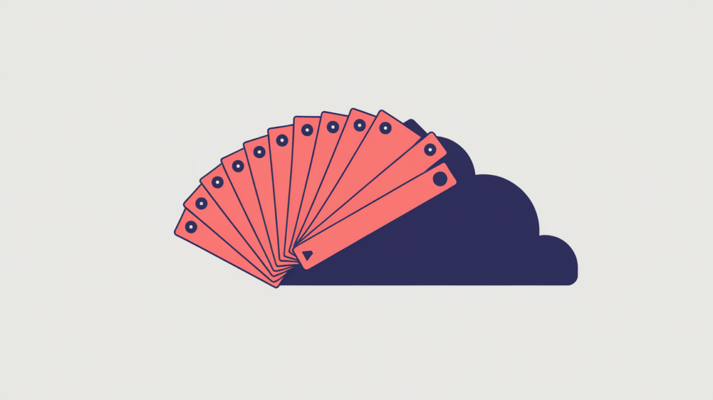 Abstract illustration of a product with a fan of price-range offer tags aggregated into one node, in RankGear indigo and coral.