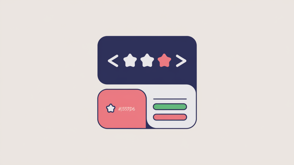 Abstract illustration of an aggregate star rating fused with JSON-LD code braces, in RankGear indigo and coral.