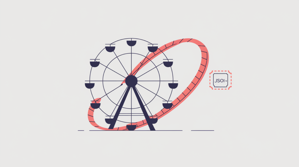 Abstract illustration of an amusement-park Ferris wheel as a JSON-LD structured-data entity node, in RankGear indigo and coral.