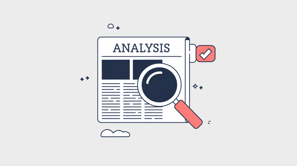Abstract illustration of an analytical news article wrapped in a JSON-LD schema tag, in RankGear indigo and coral.
