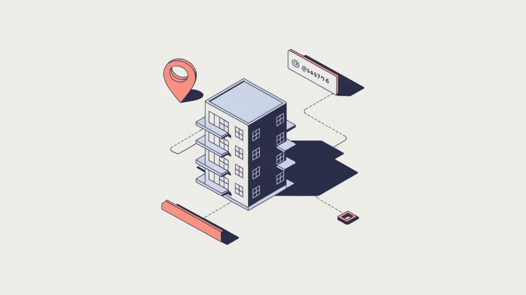 Abstract illustration of a JSON-LD Apartment schema node linked to an address pin, in RankGear indigo and coral.
