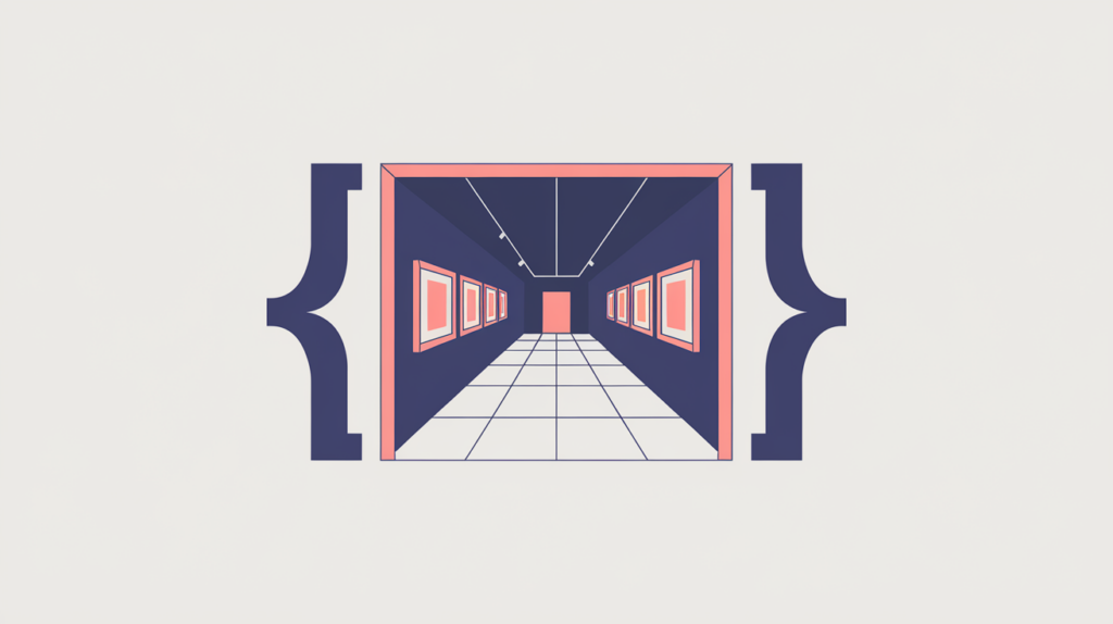Abstract illustration of an art gallery floor plan enclosed in JSON-LD braces, in RankGear indigo and coral.