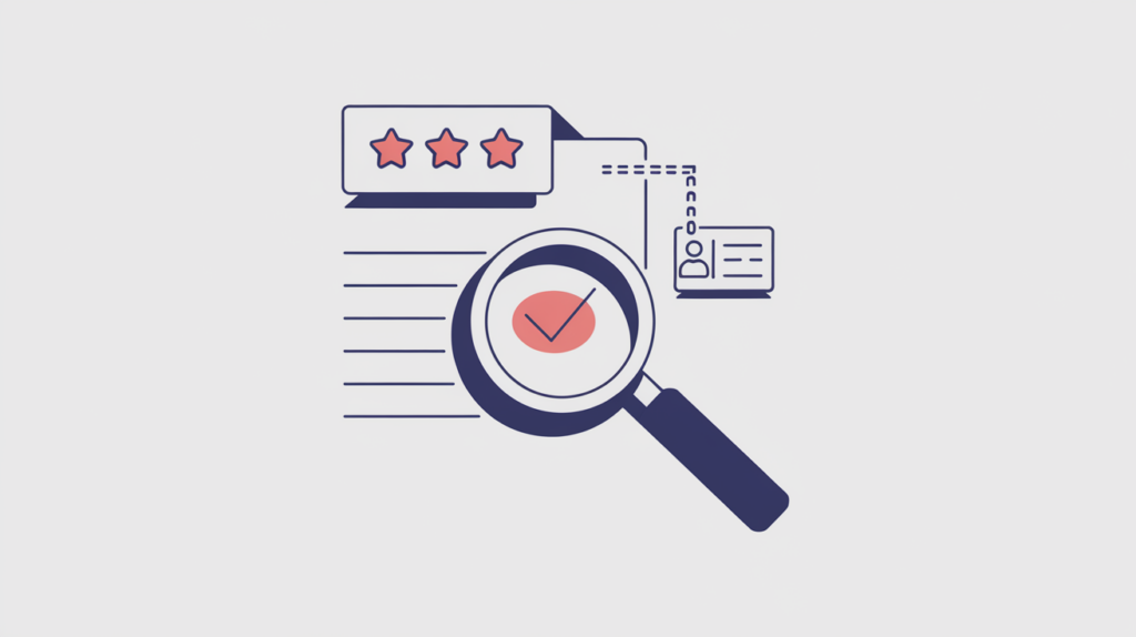 Abstract illustration of an assessment-action rating being detected in page markup, in RankGear indigo and coral.