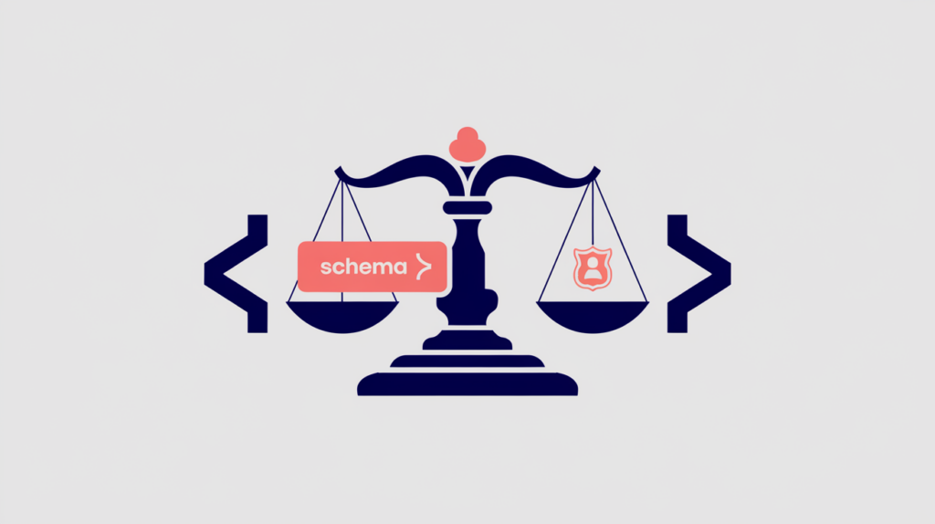 Abstract illustration of an Attorney JSON-LD schema type, scales of justice fused with a code bracket, in RankGear indigo and coral.