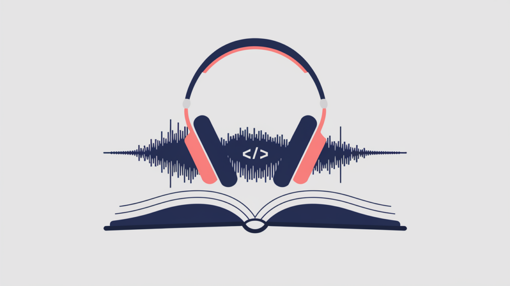 Abstract illustration of an audiobook entity marked up in JSON-LD, headphones over a book turning into a sound wave with a code tag, in RankGear indigo and coral.