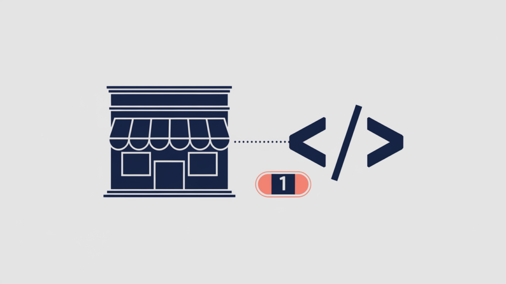 Abstract illustration of an auto body shop linked to a JSON-LD structured-data badge, in RankGear indigo and coral.