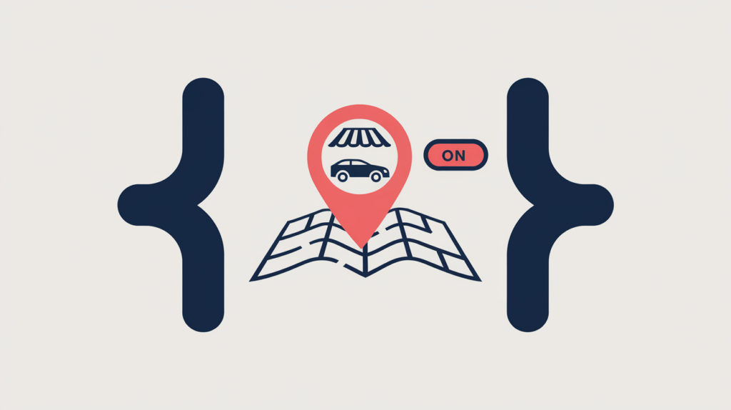 Abstract illustration of an AutoDealer schema type wrapped in JSON-LD braces with an on toggle, in RankGear indigo and coral.