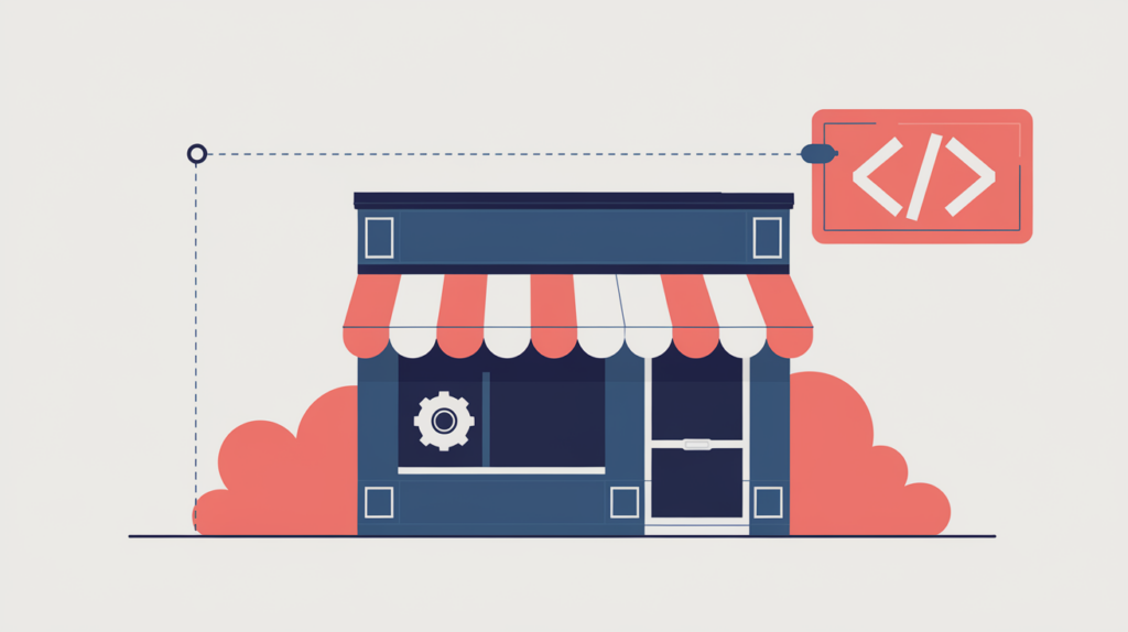 Abstract illustration of an auto parts store storefront linked to a JSON-LD schema type node, in RankGear indigo and coral.