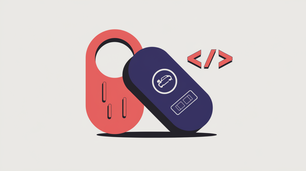 Abstract illustration of an AutoRental car-rental key and location pin fused with a JSON-LD code block, in RankGear indigo and coral.