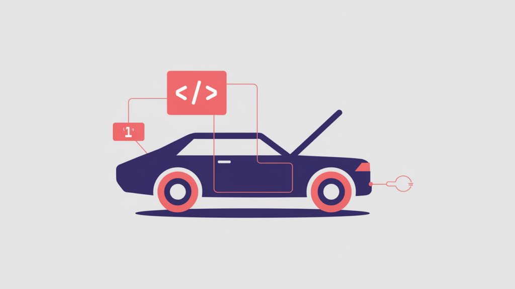 Abstract illustration of an auto repair shop linked to a JSON-LD structured-data badge, in RankGear indigo and coral.