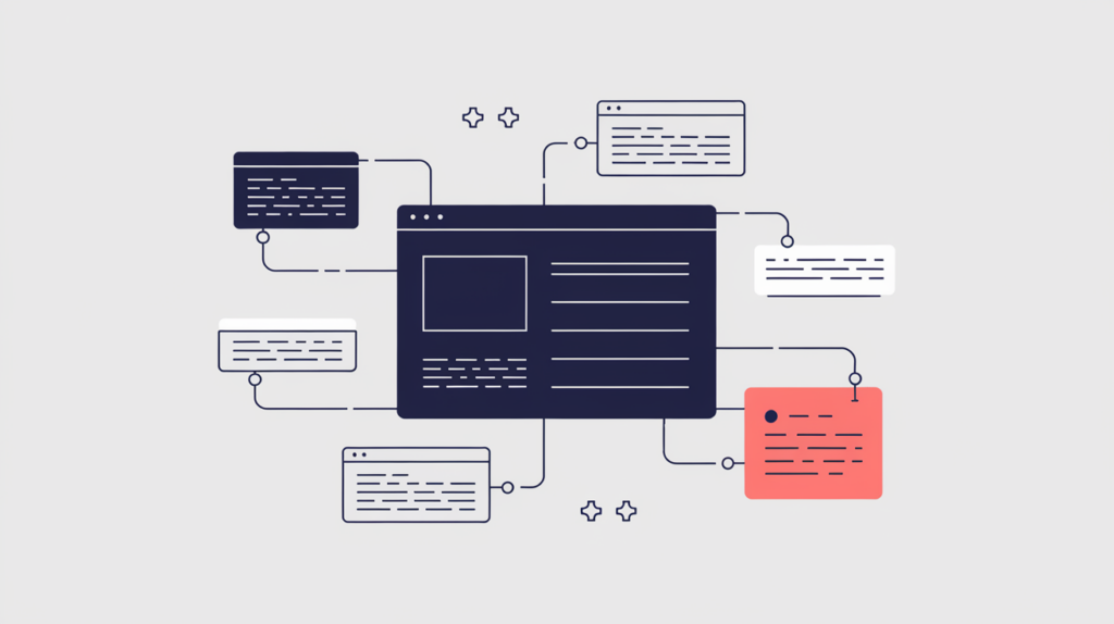 Abstract illustration of a JSON-LD BackgroundNewsArticle tag linking contextual background stories to a central news item, in RankGear indigo and coral.