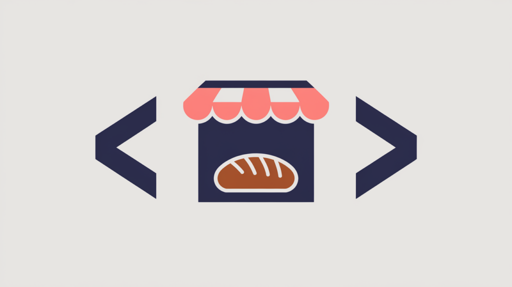 Abstract illustration of a bakery storefront enclosed in JSON-LD code braces, in RankGear indigo and coral.