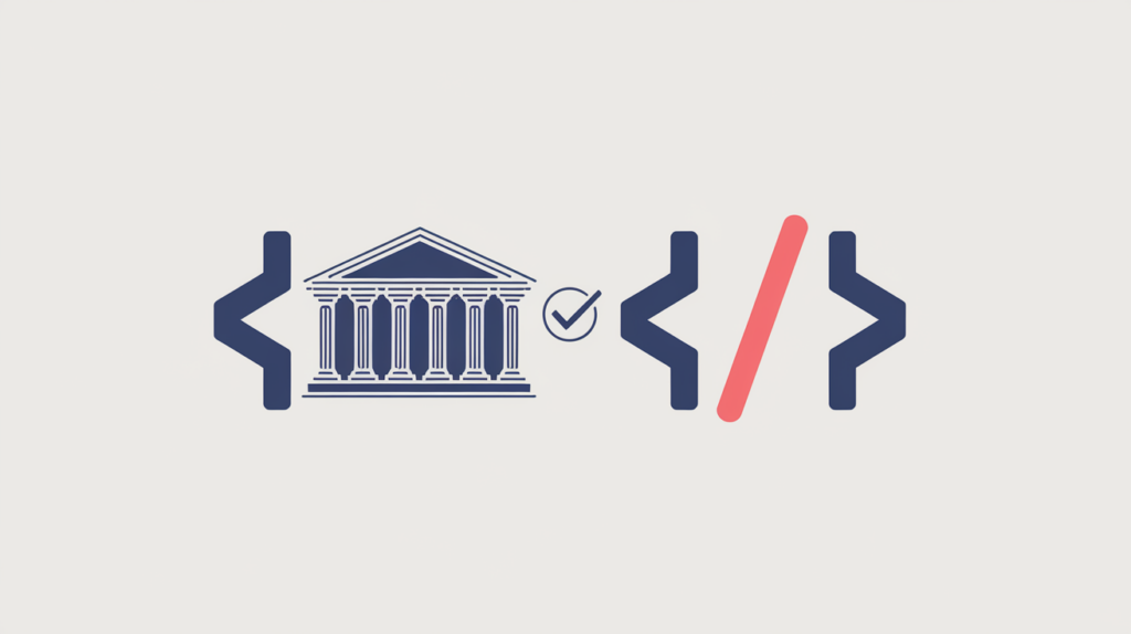 Abstract illustration of a bank building paired with a JSON-LD code bracket for a BankOrCreditUnion schema type, in RankGear indigo and coral.