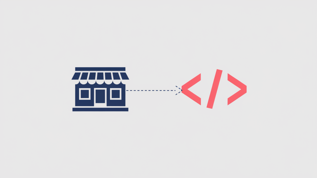 Abstract illustration of a bar or pub venue linked to a JSON-LD structured-data tag, in RankGear indigo and coral.