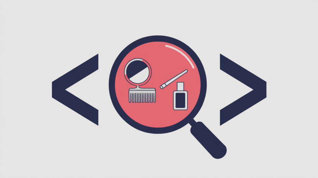 Abstract illustration of a magnifier detecting a BeautySalon JSON-LD schema type inside code braces, in RankGear indigo and coral.
