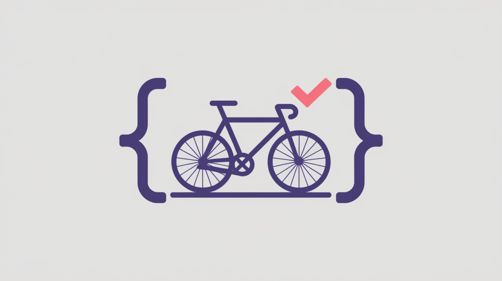 Abstract illustration of a bicycle inside JSON-LD curly braces with a detection check-mark, in RankGear indigo and coral.
