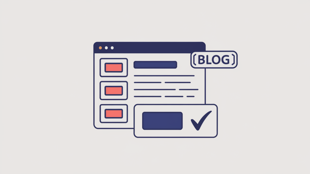 Abstract illustration of a blog page tagged with a JSON-LD Blog schema bracket, in RankGear indigo and coral.