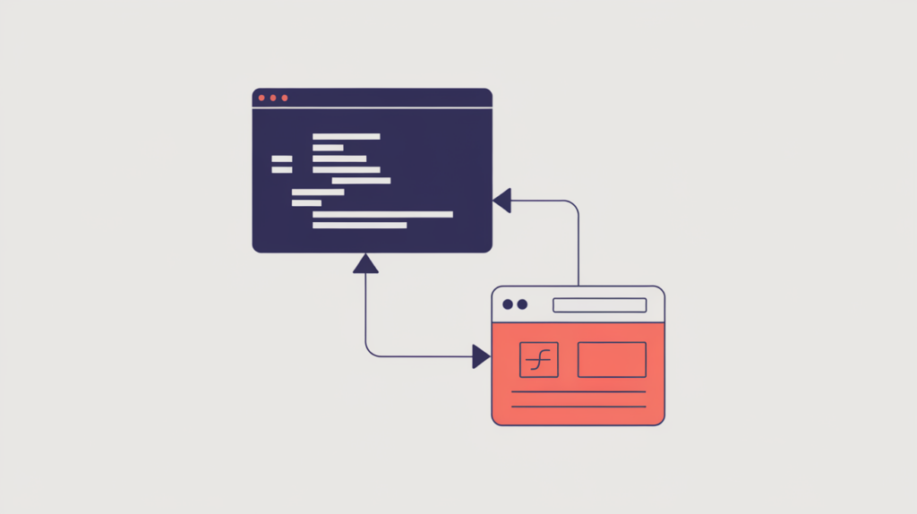 Abstract illustration of a JSON-LD type field linked to a blog-post card with headline, byline, and date, in RankGear indigo and coral.