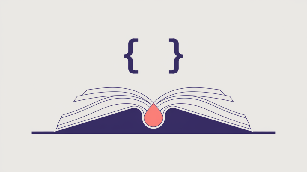 Abstract illustration of an open book connected to a structured-data curly-brace metadata node, in RankGear indigo and coral.