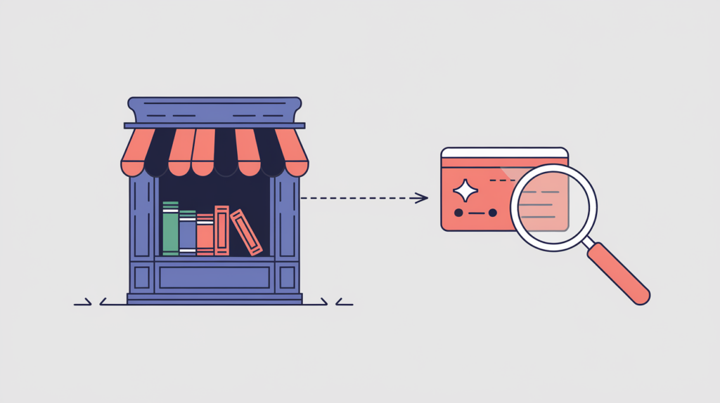 Abstract illustration of a bookstore shopfront linked to a JSON-LD structured-data node, in RankGear indigo and coral.