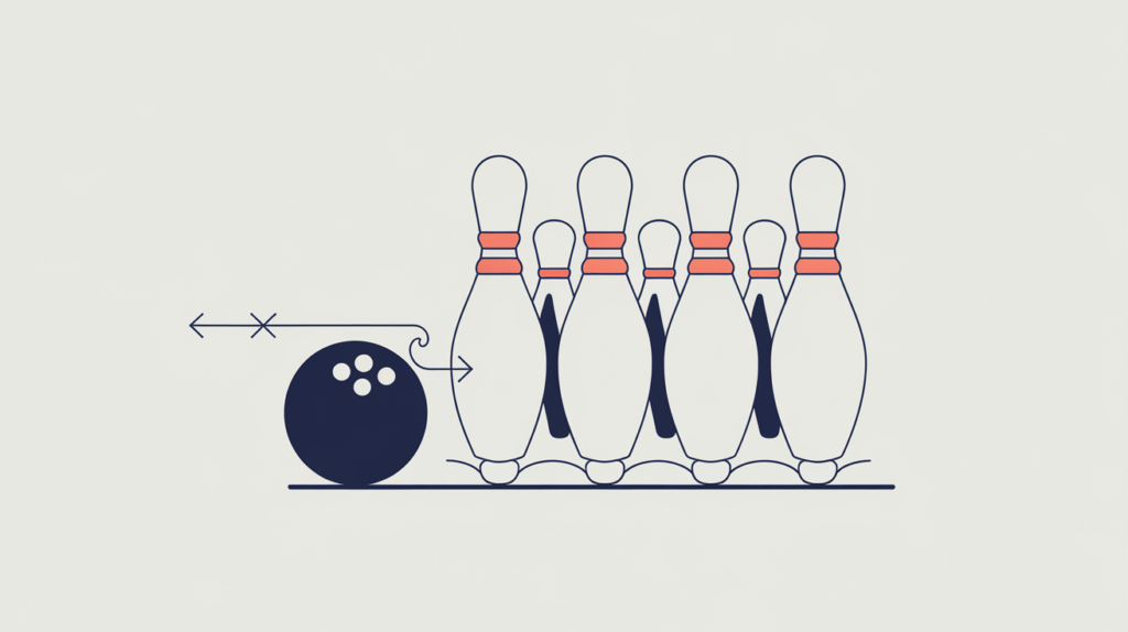 Abstract illustration of a bowling ball and pins as a tagged JSON-LD schema entity, in RankGear indigo and coral.