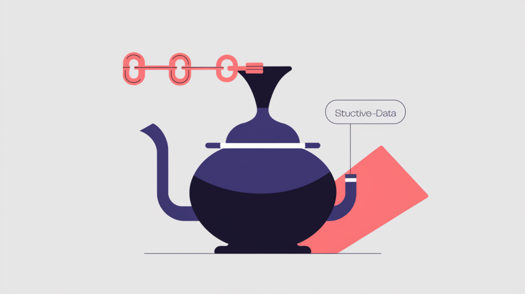 Abstract illustration of a brewery kettle paired with a JSON-LD schema tag, in RankGear indigo and coral.