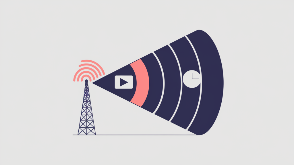 Abstract illustration of a broadcast signal linked to a JSON-LD BroadcastEvent data card, in RankGear indigo and coral.