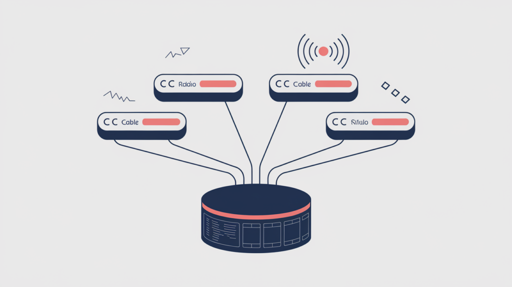 Abstract illustration of a broadcast service distributing across channels and a coverage area linked to a JSON-LD data card, in RankGear indigo and coral.