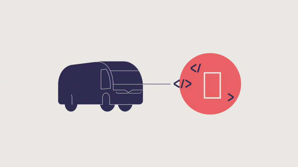Abstract illustration of a coach bus linked to a JSON-LD schema tag, in RankGear indigo and coral.