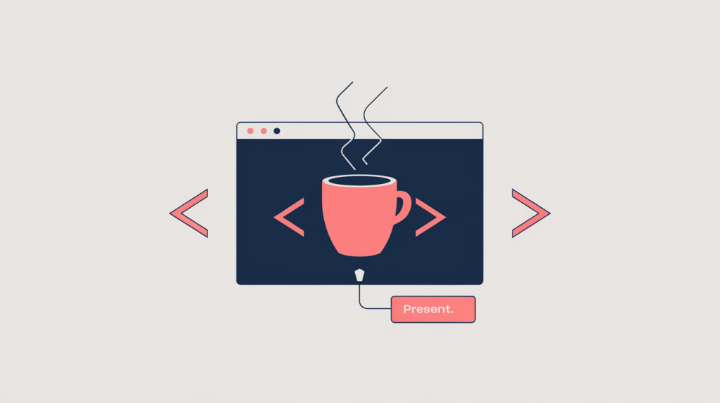 Abstract illustration of a coffee-shop schema type marker detected in page markup, in RankGear indigo and coral.