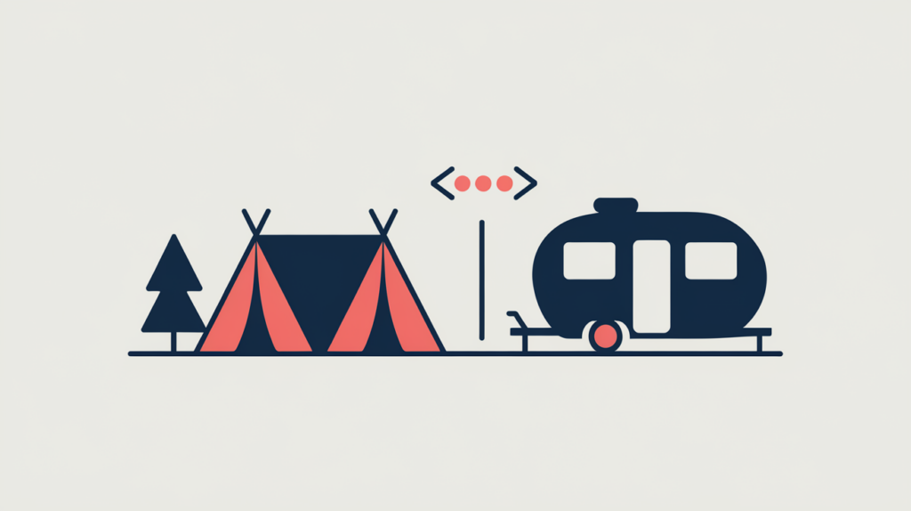 Abstract illustration of a campground tent and RV pad linked to a JSON-LD structured-data node, in RankGear indigo and coral.