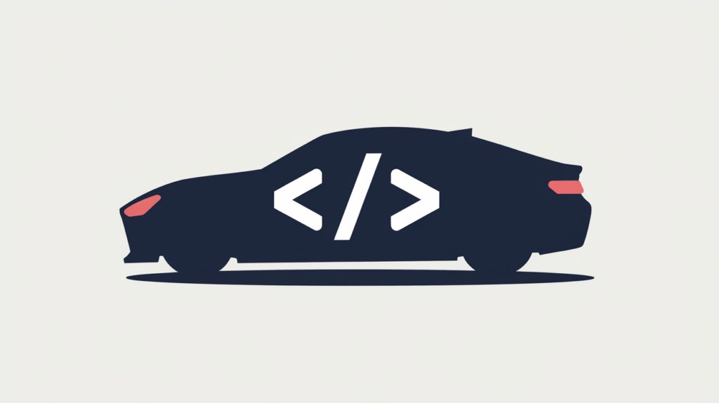 Abstract illustration of a car silhouette paired with a JSON-LD code bracket, in RankGear indigo and coral.