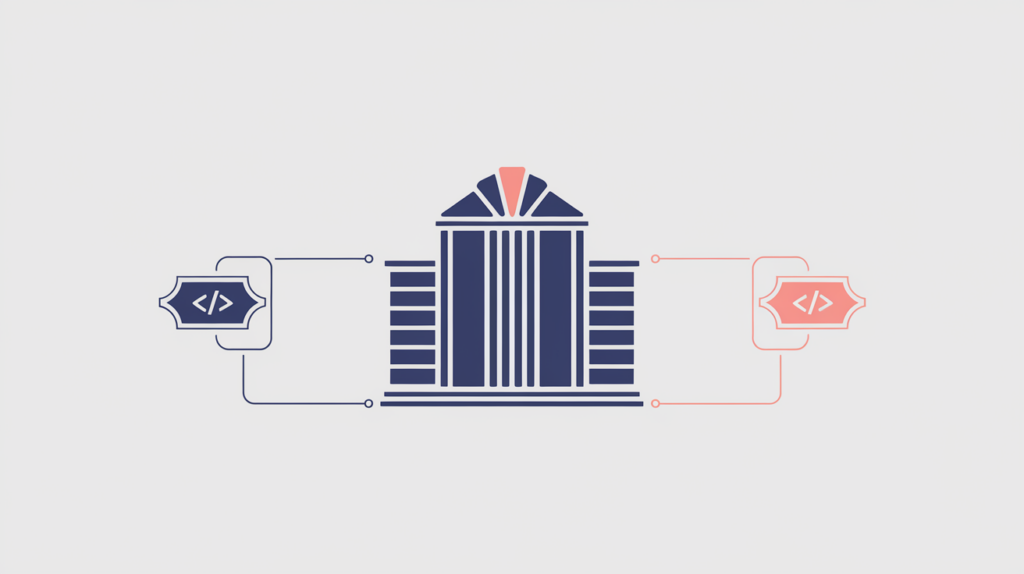 Abstract illustration of a casino entity linked to a JSON-LD schema type node, in RankGear indigo and coral.