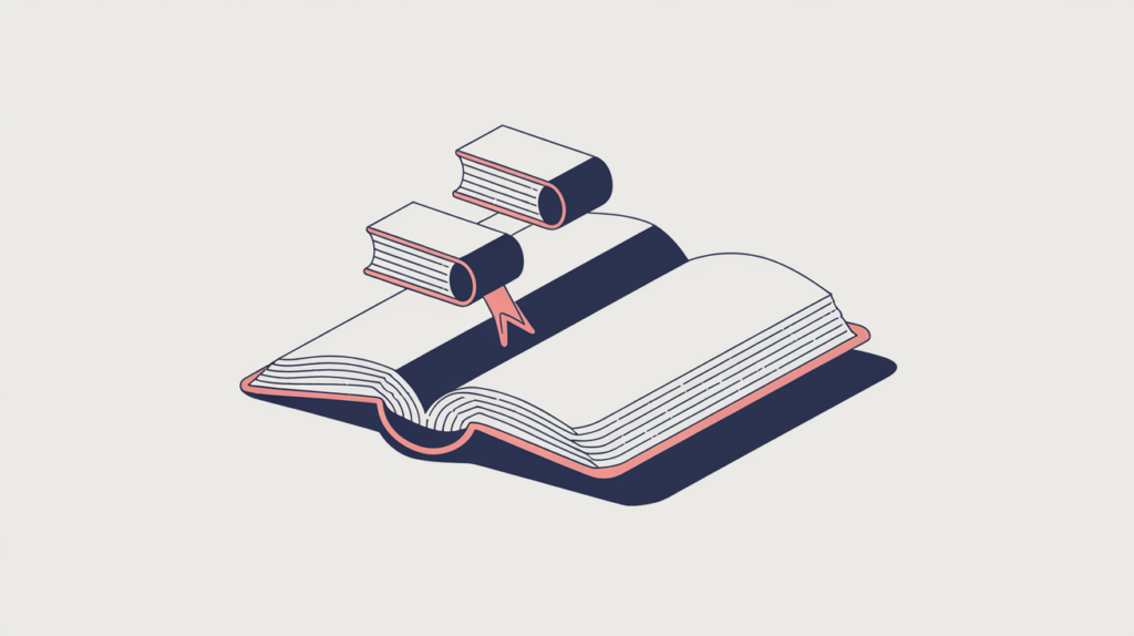 Abstract illustration of a book chapter tagged with JSON-LD Chapter schema markup, in RankGear indigo and coral.