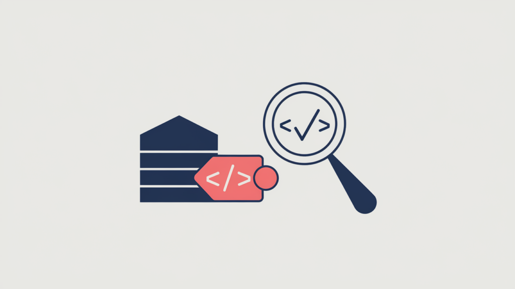 Abstract illustration of a childcare schema tag being detected in page markup, in RankGear indigo and coral.