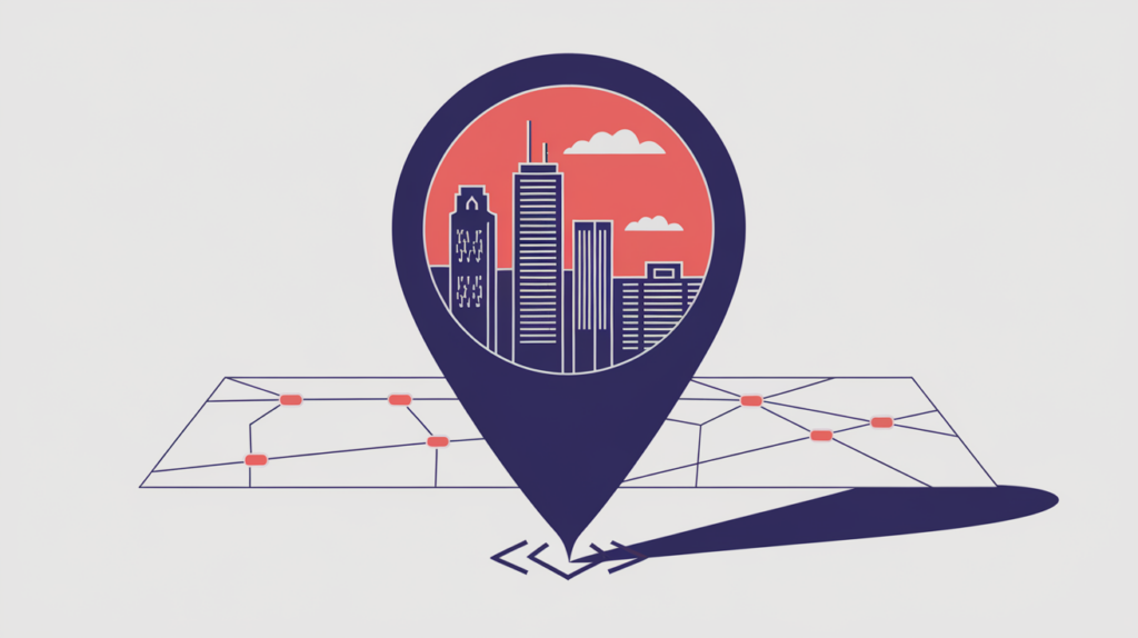 Abstract illustration of a city place entity in a map pin linked to a JSON-LD structured-data node, in RankGear indigo and coral.