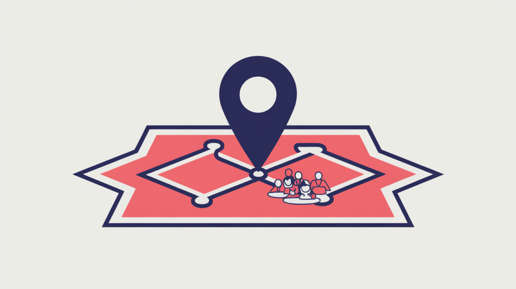 Abstract illustration of a JSON-braced civic district pin tagging an audience segment, in RankGear indigo and coral.