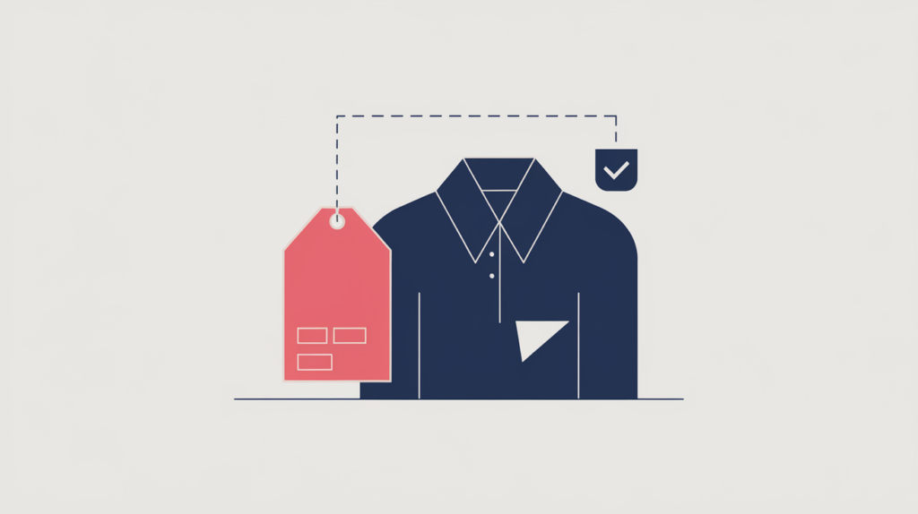 Abstract illustration of a clothing-store storefront linked to a structured-data type node, in RankGear indigo and coral.