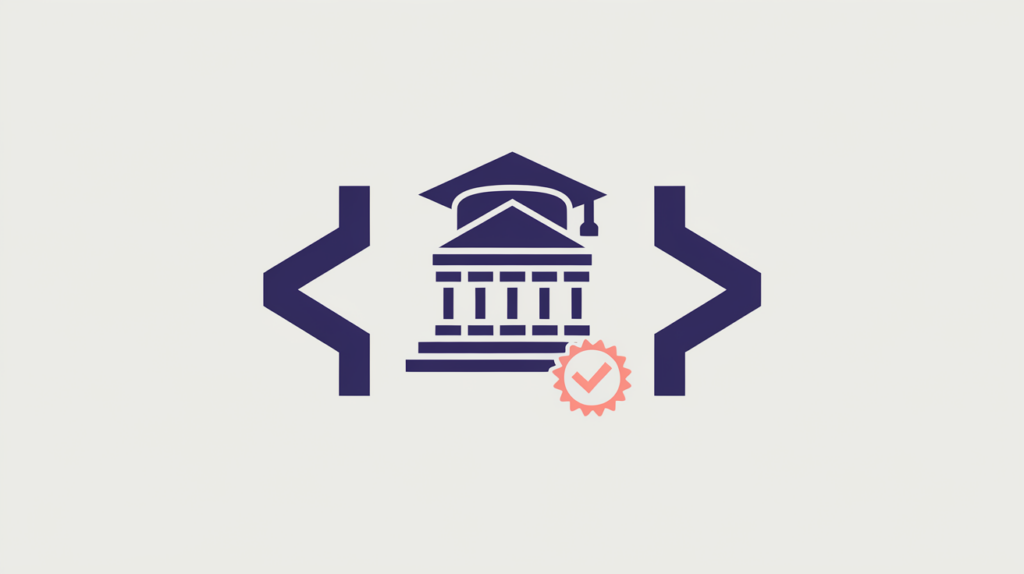 Abstract illustration of a college building enclosed in JSON-LD code braces, in RankGear indigo and coral.