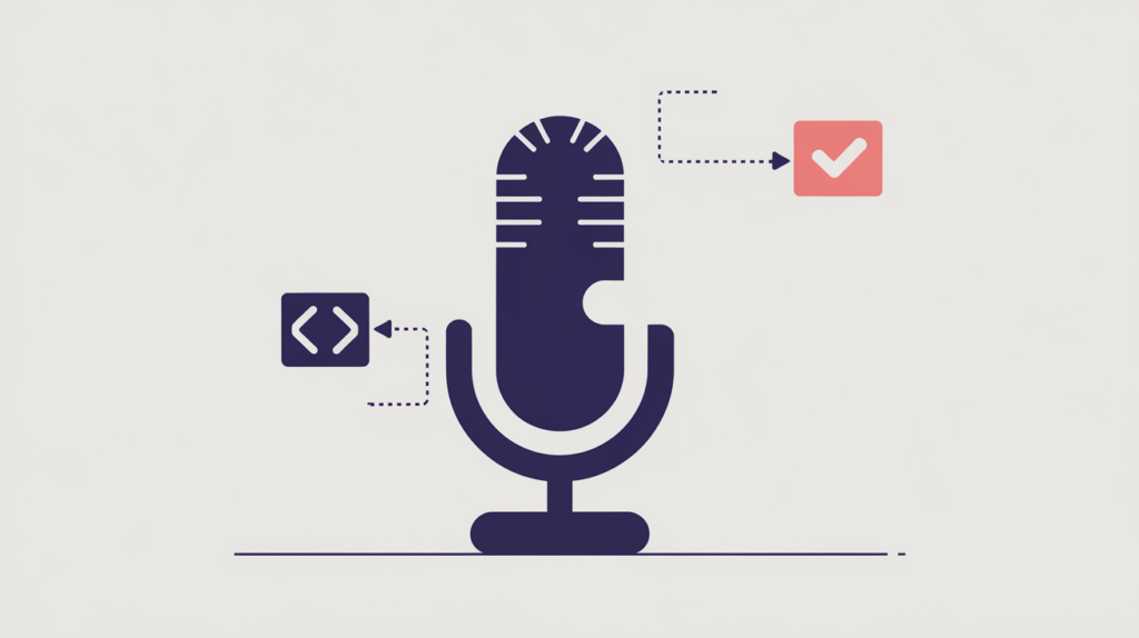 Abstract illustration of a comedy-club microphone linked to a JSON-LD structured-data tag, in RankGear indigo and coral.