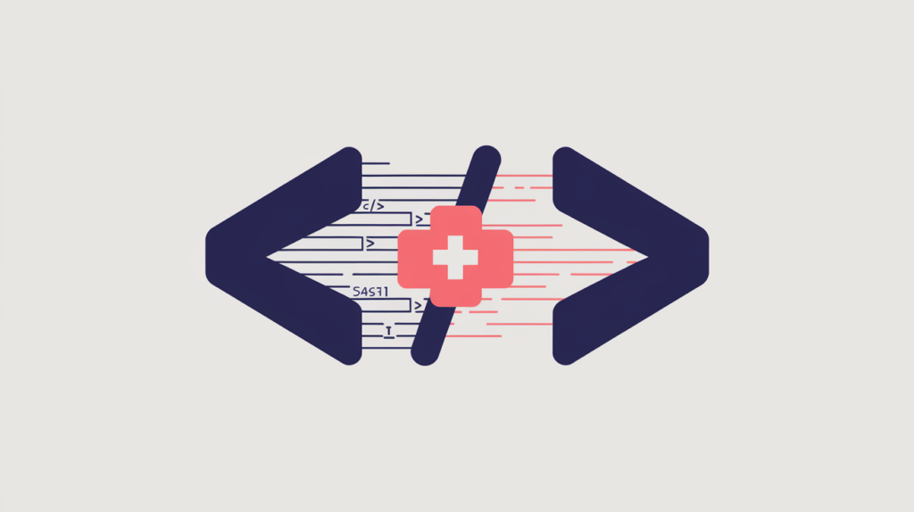 Abstract illustration of a healthcare-cross schema type detected inside JSON-LD code brackets, in RankGear indigo and coral.