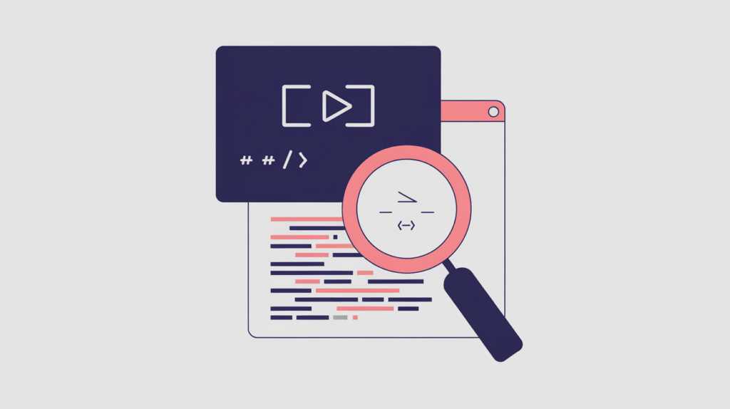 Abstract illustration of a JSON-LD ConsumeAction schema tag detected in page source, in RankGear indigo and coral.