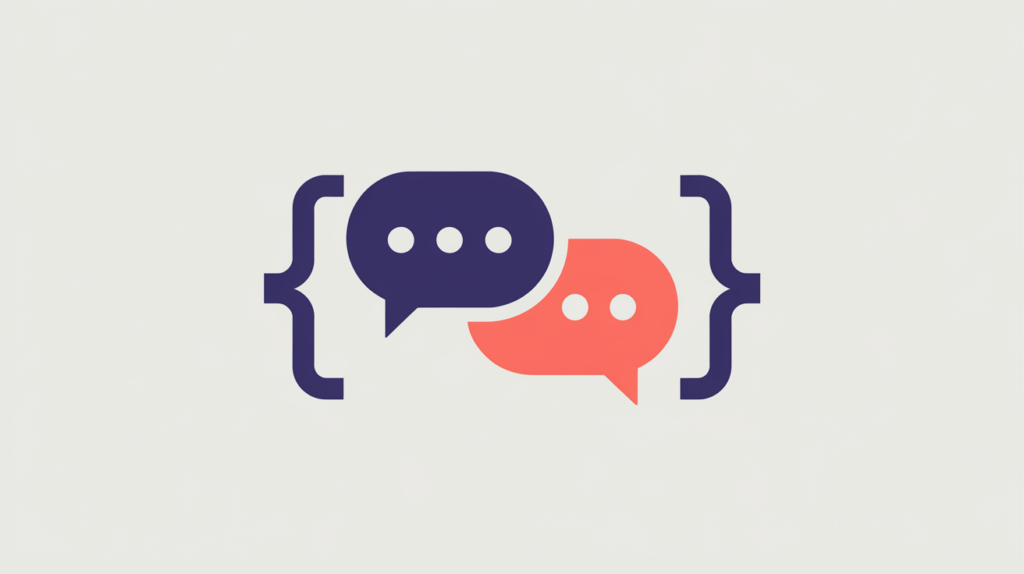 Abstract illustration of two conversation speech bubbles inside JSON-LD brackets with a presence checkmark, in RankGear indigo and coral.